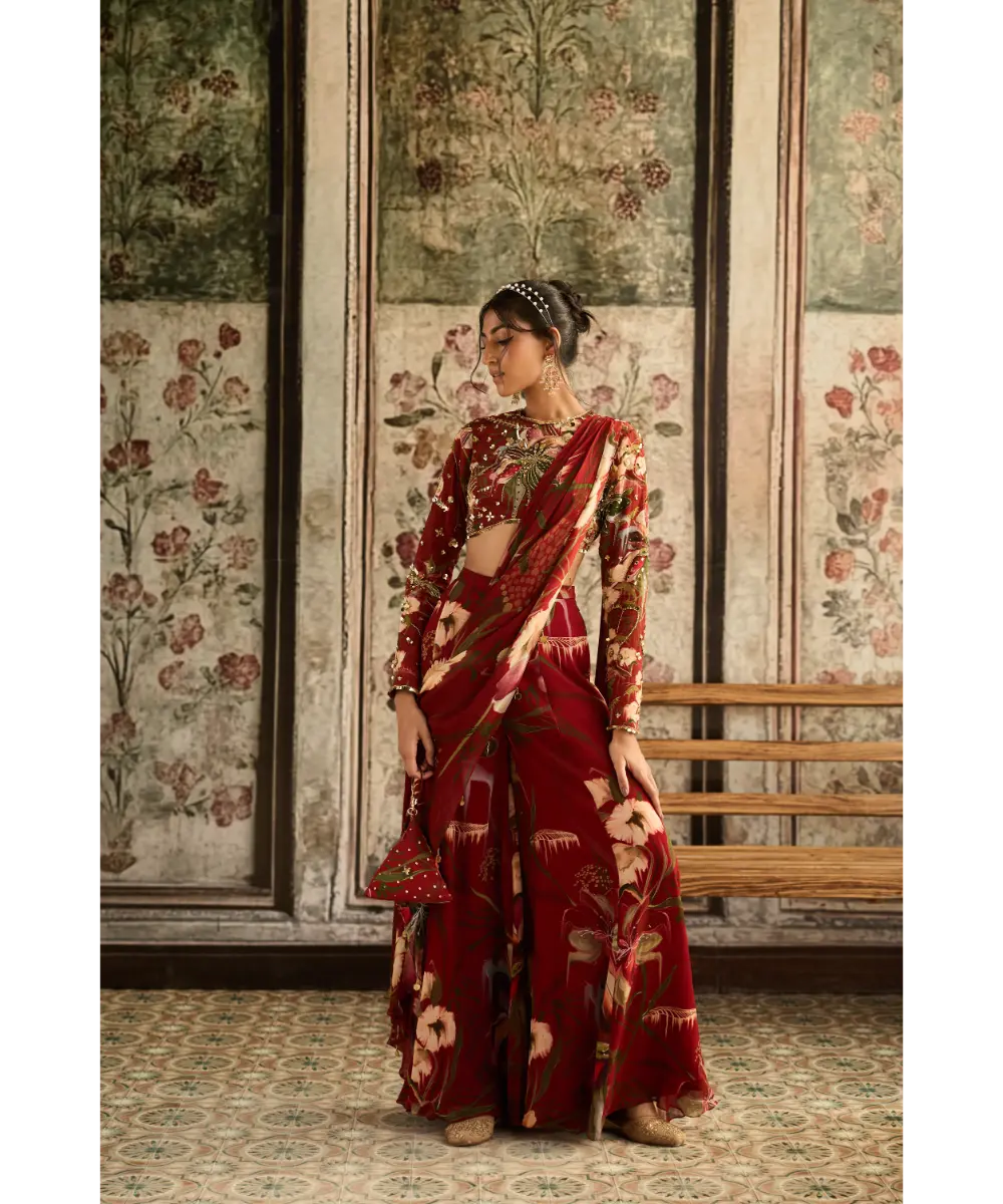 DIYARAJVVIR - Red Floral Printed Skirt Saree Set